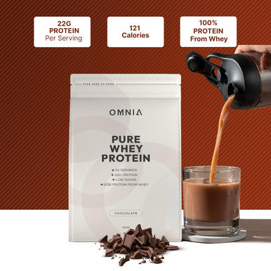 OMNIA Pure Whey Protein Powder Nutrition Low Carbs and Low Sugar Muscle Building Powder Over 22G Protein Per Serving 33 Servings - 1 KG - Chocolate