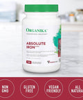 Organika Absolute Iron- Iron Bisglycinate- High Availability, Gentle On Stomach, Boost Iron Levels- Beneficial For Women And Vegetarians- 120Vcaps
