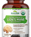 Zazzee Usda Organic Lion'S Mane 20:1 Extract, 16,000 Mg Strength, 120 Vegan Capsules, 60 Day Supply, Standardized And Concentrate