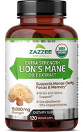 Zazzee Usda Organic Lion'S Mane 20:1 Extract, 16,000 Mg Strength, 120 Vegan Capsules, 60 Day Supply, Standardized And Concentrate