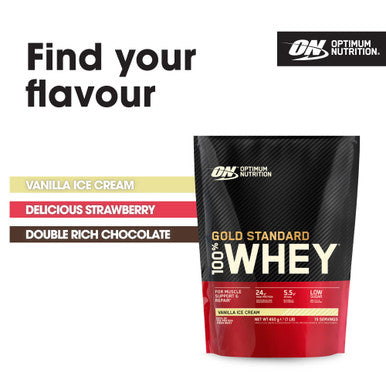 Optimum Nutrition Gold Standard 100% Whey Muscle Building And Recovery Protein Powder With Naturally Occurring Glutamine And Bcaa Amino Acids Vanilla Ice Cream Flavour 15 Servings 450 G
