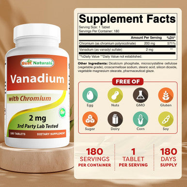 Best Naturals Vanadium 2 mg with Chromium Polynicotinate 200 mcg 180 Tablets