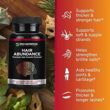 Trio Nutrition Hair Abundance Natural Vitamin Supplement For Hair Growth, Strong Nails And Smooth Skin Boosted With Collagen, Keratin, Zinc & Selenium Biotin 10000Mcg 30 Day Supply