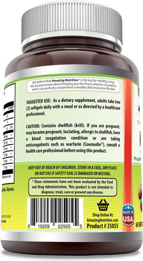 Amazing Nutrition Omega Krill Oil with Omega 3s EPA DHA Phospholipids and Astaxanthin 1000mg per Serving 60 softgels Supplement | Non-GMO | Gluten