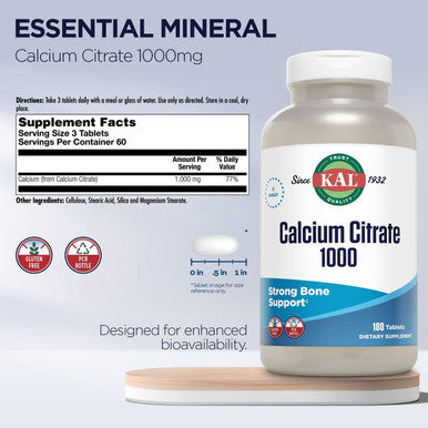 Kal Calcium Citrate 1000Mg, Calcium Supplements For Women And Men, Bone Health, Teeth, Nervous, Muscular & Cardiovascular System Support, Gluten And Lab Verified, 60 Servings, 180 Tablets
