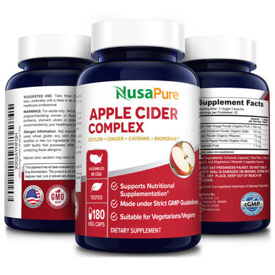 NusaPure Apple Cider Vinegar Complex - 180 Veggie Caps - Organic ACV and Ceylon Cinnamon, Organic Ginger, Bioperine & Organic Cayenne