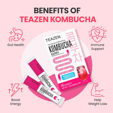 Teazen Kombucha Berry Flavor Variety Pack with Classic Eco Bottle (Kombucha Powder 40 Sticks Eco Bottle 1EA x 11.8oz)