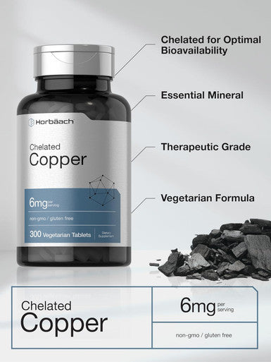 HorbAach Chelated Copper Supplement 6Mg 300 Tablets Essential Trace Mineral Vegetarian, Non-Gmo, Gluten Free