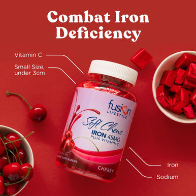 Chewable Iron Supplement For Women and Men Cherry Flavor Iron Vitamin C Soft Chew For Max Absorption Iron As Ferrous Fumarate Ideal For Anemia And Iron Deficiency 2 Month Supply
