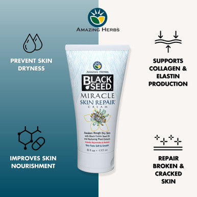 Amazing Herbs Black Seed Miracle Skin Repair Cream - Non-Allergenic Formula, Black Cumin Seed Oil, Vitamin E, And Other Essential Oils Support Collagen & Elastin Production - 6 Fl Oz