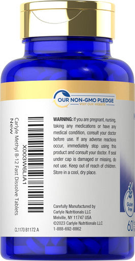 Carlyle Vitamin B-12 5000mcg | 60 Fast Dissolve Tablets | for Adults | Vegetarian Non-GMO & Gluten | Methylcobalamin Supplement