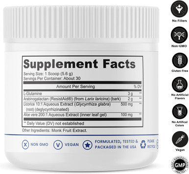 Leaky Gut Defense 30 Servings GI Repair Contains 3g LGlutamine Licorice Root deglycyrrhized Aloe Leaf Arabinogalactan SteviaFree Sweetened with Monk Fruit Pharmaceutical Grade
