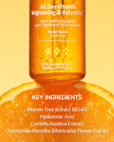 JUMISO All Day Vitamin Serum Brightening Balancing Facial Serum Vitamin C A B D E Serum with Vitamin Korean Skincare Skin brightening soothing Vegan serum Vitamin tree extract 86.14 Niacinamide 20000ppm1.01 fl oz serum