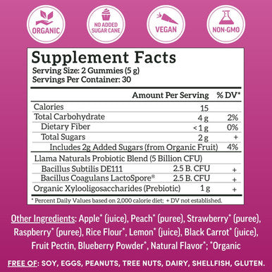 Llama Naturals Probiotics for Women and Men with Prebiotic Fiber Vegan Organic Probiotic Gummies for Gut Health Support Adults Real Fruit Gummy Vitamins No Added Sugar Cane Mixed Berry 60 Ct