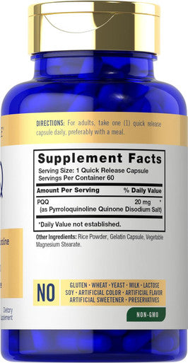 Carlyle PQQ Supplement 20 mg | 60 Capsules | Non-GMO and Gluten