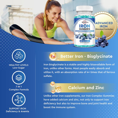 Iron Gummies - With Calcium, Zinc, Folate & Vitamin B12, C,B6 For Adults & Kids - Blood Builder & Energy Support For Iron Deficiency, Anemia, Vegan - Blueberry Flavor, 60 Gummies
