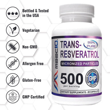 Maac10 Trans Resveratrol 500Mg Supplement (Micronized Pharmaceutical Grade 99% Pure Trans-Resveratrol Extract + Bioperine For Superior Absorption) (2X 250Mg Capsules 60Ct)