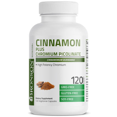 Bronson Cinnamon Plus Chromium Picolinate Supplement, High Potency Chromium, Non-Gmo, 120 Vegetarian Capsules