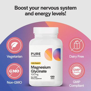 Pureformulas Magnesium Glycinate 100 Mg Daily Support For Stress, Nerves, Sleep, Muscles, Metabolism Pure Magnesium Glycinate Supplement For Women And Men Magnesio Glycinate Non-Gmo 120 Tablets