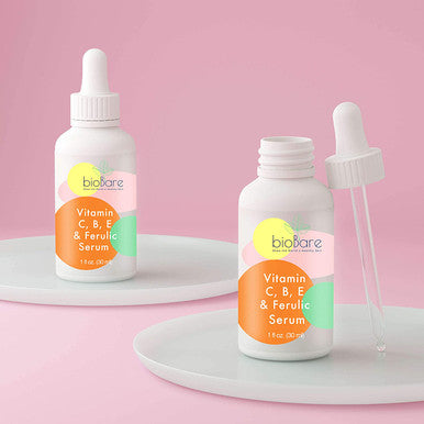 Vitamin C B E, and Ferulic Serum For Face By BioBare | 20% Pure Vitamin C W/Hyaluronic Acid | Helps Keep Skin Young, Moist, Bright & Glowing | Helps With Fine Lines, Wrinkles, Dark Spots | 1Fl Oz