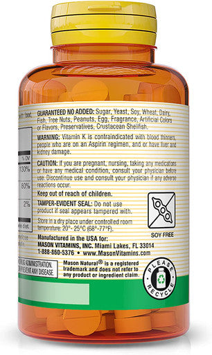 Mason Natural Vitamin K2 100 mcg Plus Vitamin D3 - Supports Bone, Cardiovascular & Muscle Health, 100 Tablets