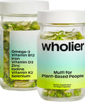 Wholier Plant Based Multivitamin Vegan Omega-3 Dha Epa, Vitamin D, Vitamin B12, Zinc, Vitamin K2, Iron, Iodine, Selenium. 60 Count (30-Day Supply) Glass Bottle