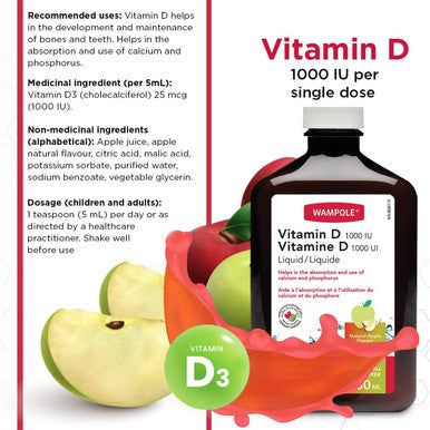 Wampole Liquid Vitamin D 1000 UI Fast Liquid Absortion Helps Develop & Maintain Strong Bones 350 ml
