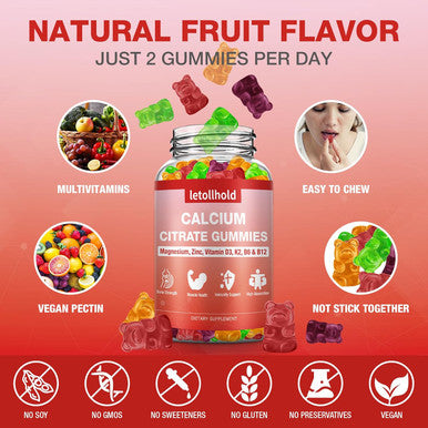 Calcium Citrate Gummies - 1200 Mg Calcium Gummies With Magnesium Zinc Vitamins - Calcium Chews For Bone, Muscle, Joints, Immune Support, High Absorption Calcium Supplements For Women & Men 2 Packs