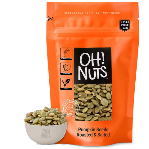 Oh! Nuts Pumpkin Seeds - Roasted Salted - 2 lb - No Shell Pepitas - Packed in New York Zip-Seal Bag for Exceptional Freshness