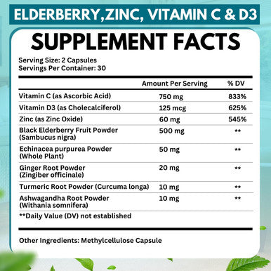 Elderberry Immune Support Supplement 8-In-1 Formula With Echinacea, Vitamin C & Zinc, Vitamin D 5000 Iu, Turmeric, Ginger, Ashwagandha ÃƒÂ¢Ã¢â€šÂ¬Ã¢â‚¬Å“ 60 Capsules