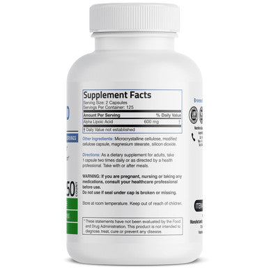 Bronson Alpha Lipoic 600 MG Free Radical Scavenger Supports Antioxidant Health & Glucose Metabolism - Non-GMO, 250 Vegetarian Capsules (125 Servings)