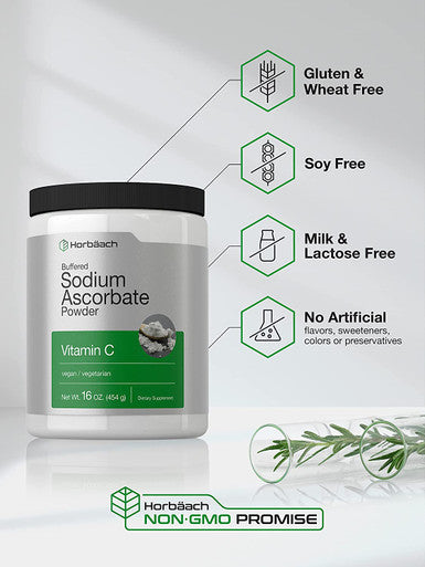Buffered Sodium Ascorbate Vitamin C Powder | 16 oz | Vegan, Non-GMO, and Gluten Free Supplement | by Horbaach
