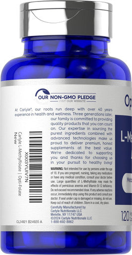 Carlyle L Methylfolate 400mcg | 120 Capsules | Vegetarian | Non-GMO Gluten | Optimized and Activated Methyl Folate | by Opti-Folate