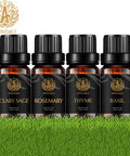 Aromatherapy Clary Sage Essential Oil Set for Diffuser, 100% Pure Thyme Essential Oils Kit for Humidifier, 4X10ml Therapeutic Grade Fresh Grassy Essential Oils Set-Clary Sage,Thyme,Rosemary,Basil Oil