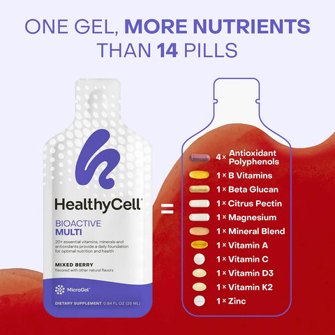 Healthycell Bioactive Daily Liquid Multivitamin For Men & Women â€“ 20+ Essential Vitamins Minerals & Antioxidants For Brain Heart Immune Support Skin & Hair Support - 14 Gel Packs