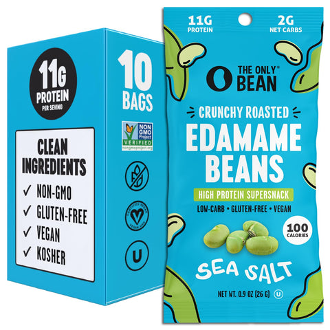 The Only Bean Crunchy Dry Roasted Edamame Snacks (Sea Salt) Healthy High Protein(11g) Keto Food Low Carb Gluten Office Vegan Food 100 Calorie Snack Pack 0.9oz 10 Pack