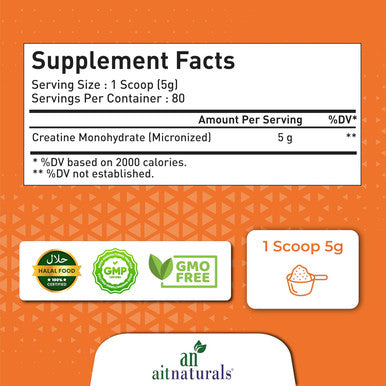 Aitnaturals 100% Micronized Creatine Monohydrate Powder Unflavoured - 400g/80 servings | Muscle Building Support Boosts Energy Replenishes ATP Levels Post Workout Supplement Non-GMO Gluten-