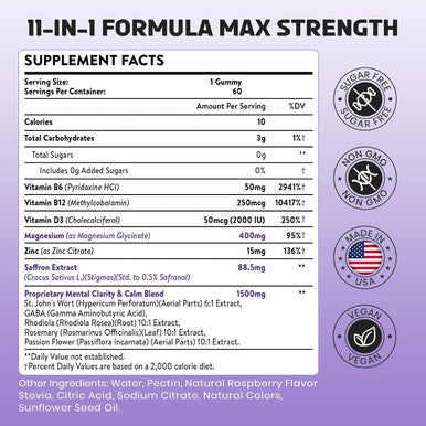 Saffron Gummies 88.5 Mg With Magnesium, Max Strength Saffron Supplements With St. John'S Wort, Gaba, Rhodiola, Rosemary & Passion Flower Extracts For Mood, Focus - 60 Servings