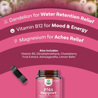 Herbal PMS Support Supplement for Women - Feminine Balance Complex with PMS Vitamins for Women for Fatigue Water Retention Hot Flashes Mood Support Period Cramps and Bloating Relief for Womens Health