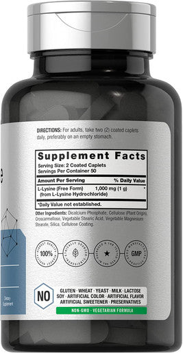 L-Lysine 1000mg | 100 Coated Caplets | Free Form Dietary Supplement | Vegetarian, Non-GMO, and Gluten Free Formula | by Horbaach