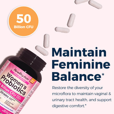 NewRhythm Women's Probiotics Organic Cranberry for Women's Vaginal Health 50 Billion CFU 18 Strains Probiotics and Prebiotics Support Digestive Health 60 Vegan Capsules