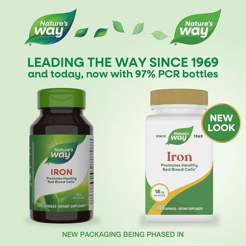 NatureS Way Iron Promotes Healthy Red Blood Cells 18 Mg From Iron Gluconate Per Serving Gluten 100 Capsules (Packaging May Vary)