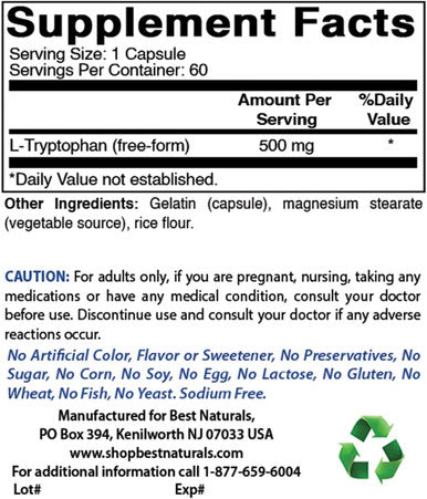 Best Naturals L-Tryptophan 500 mg 60 Capsules (60 Count (Pack of 3))