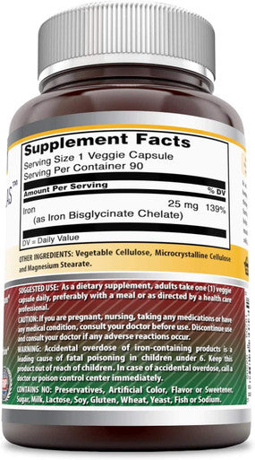 Amazing Nutrition Formulas Iron as Iron Bisglycinate 25 Mg Veggie Capsules (Non-GMOGluten ) - Supports Oxygen Supply to Tissues & Organs-Helps in The Formation of Hemoglobin&Myoglobin.(90 Veggie Capsules)