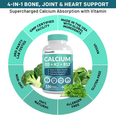 Primemd 4-In-1 Calcium Supplements For Women & Men - Calcium 600Mg With Vitamin D3 K2 B12 5000 Iu Supplement For Heart, Bone & Body Defenses - Gluten-Free, Non-Gmo, Vegan Friendly (120 Count)