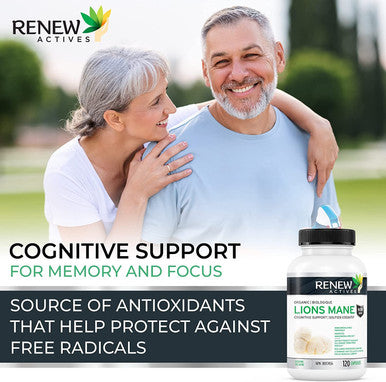 Renew Actives Organic Lions Mane Mushroom Supplement - 40% Polysaccharides, Immune Wellness & Rich In Antioxidant - 120 Capsules