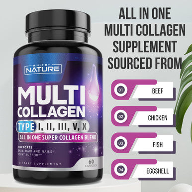 Built Nature Collagen Powder Pills, Hydrolyzed Type 1 & 3 Peptides, Grass-Fed 5-In-1 Multi Collagen Complex Supplement, Healthy Hair, Skin, Nails, Bones & Joints, Keto & Paleo Friendly, Non-Gmo, 60 Capsules