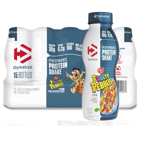 Dymatize Performance Protein Shake, Fruity Pebbles, 30g Protein, 6.1g BCAA for Muscle Recovery, No Added Sugar, Low Fat, 24 Vitamins & Minerals, Gluten-Free, Ready to Drink, On-the-Go Snack, 11.5 fl oz, 15 pack