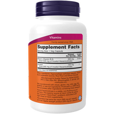 NOW Niacin (Vitamin B-3) 500 mg Flush-Free Double Strength 90 Veg Capsules