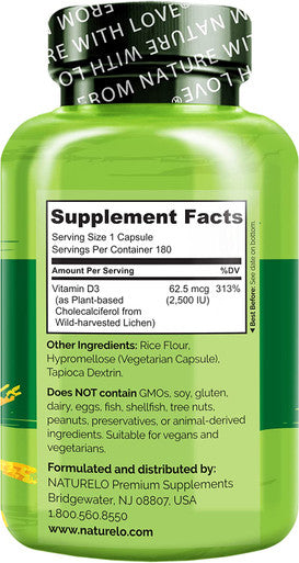 NATURELO Vitamin D - 2500 IU - Plant Based from Lichen - Natural D3 Supplement for Immune System, Bone Support, Joint Health - Vegan - Non-GMO - Gluten Free - 180 Mini Capsules